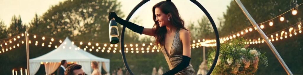 A woman holds a bottle of champagne while seated on a lollipop lyra at a festive event.