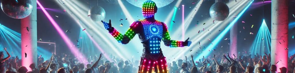 A robot-like character covered in multicolored LED lights stands above a rowdy crowd at a nightclub.